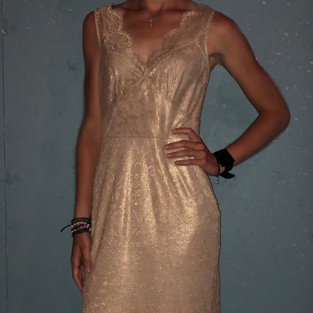 Bcbg gold lace midi dress 4